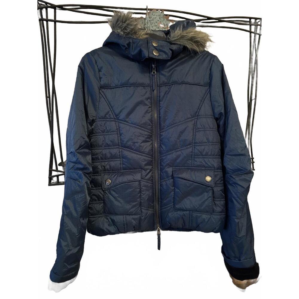 O'Neill Women's Navy Blue Quilted Jacket with Faux Fur Hood